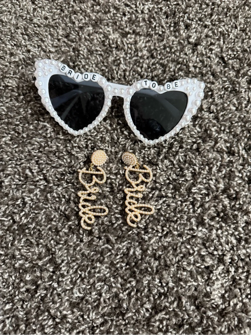 Pearl-Trim 'Bride To Be' Heart Sunglasses and Gold 'Bride' Earrings Set